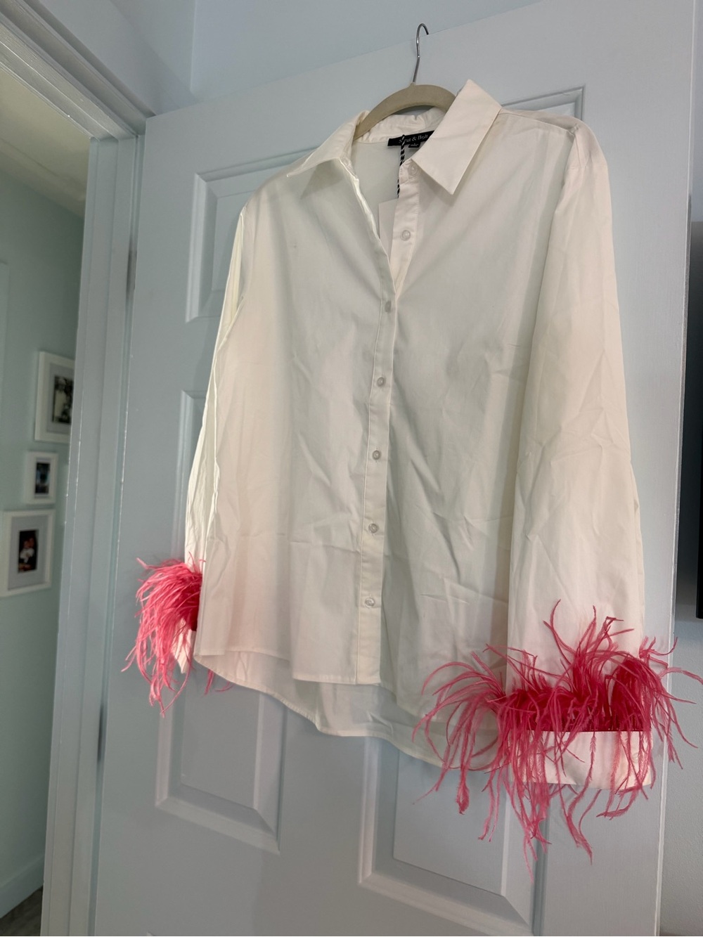 White Button-Front Blouse with Pink Feather Cuffs